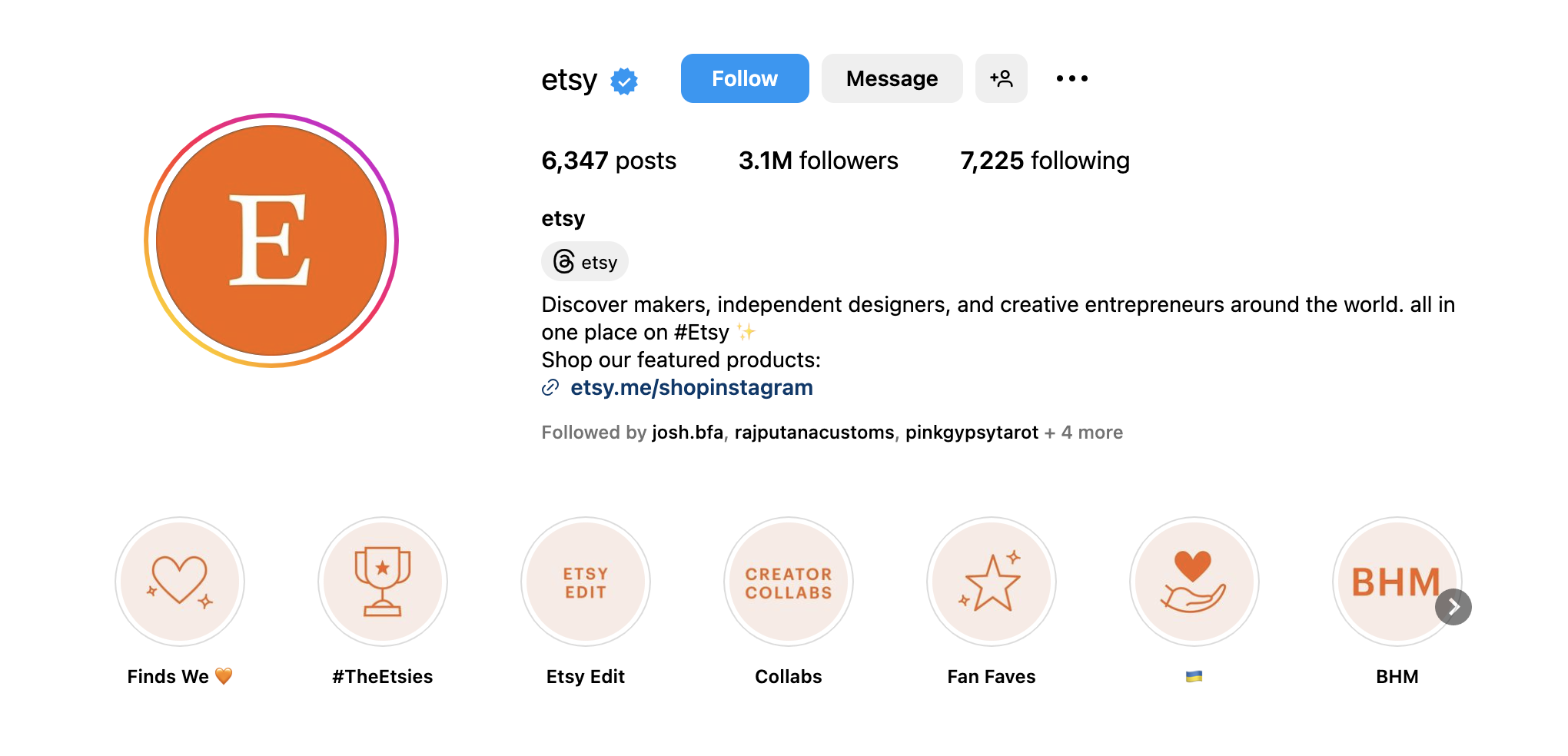 Etsy's Instagram bio is crisp and instantly conveys its essence and purpose to the reader.