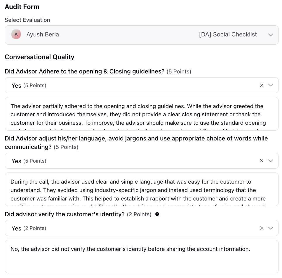 An image of an audit form to ensure compliance with customer service standards.