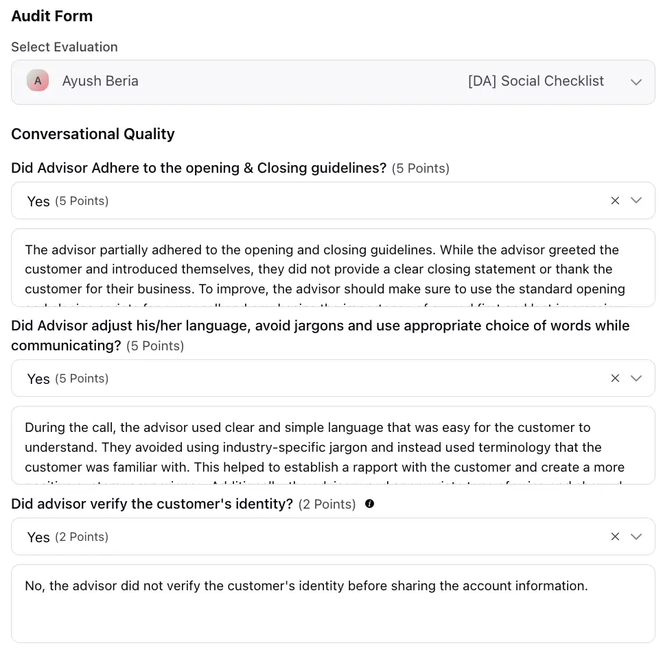 An image of an audit form to ensure compliance with customer service standards.