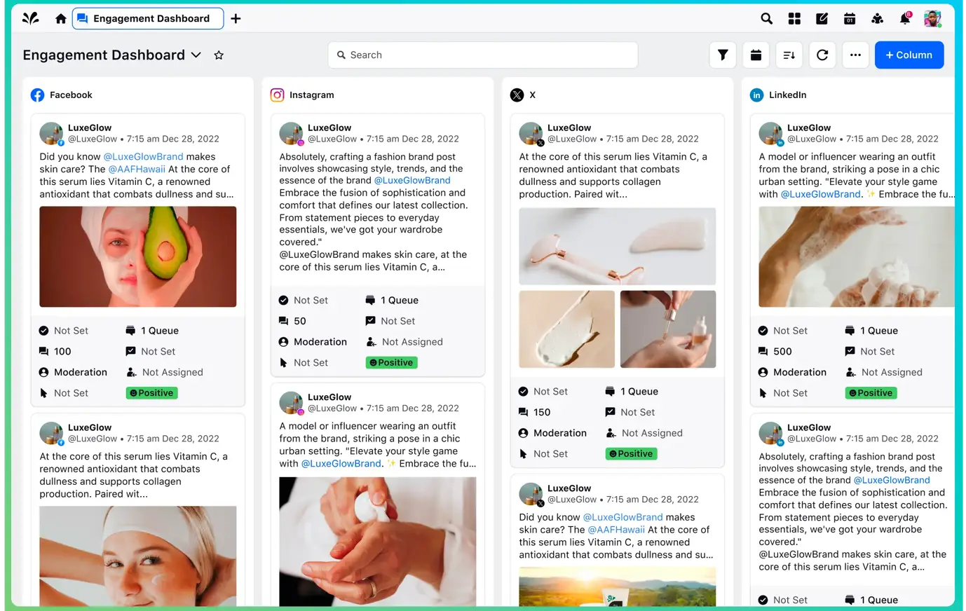 Sprinklr Social dashboard displaying real-time campaign metrics, audience engagement trends, sentiment analysis and campaign performance across multiple social platforms.