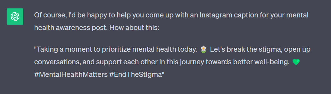 ChatGPT-s response for an Instagram caption on mental health