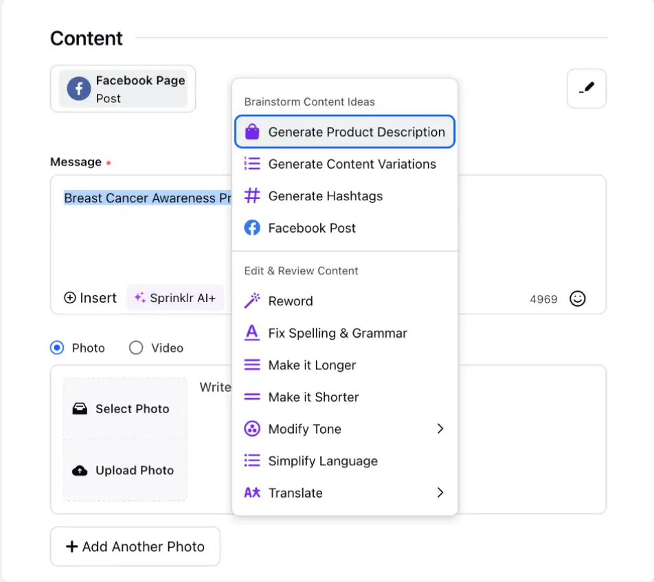 Sprinklr AI+ for content generation.