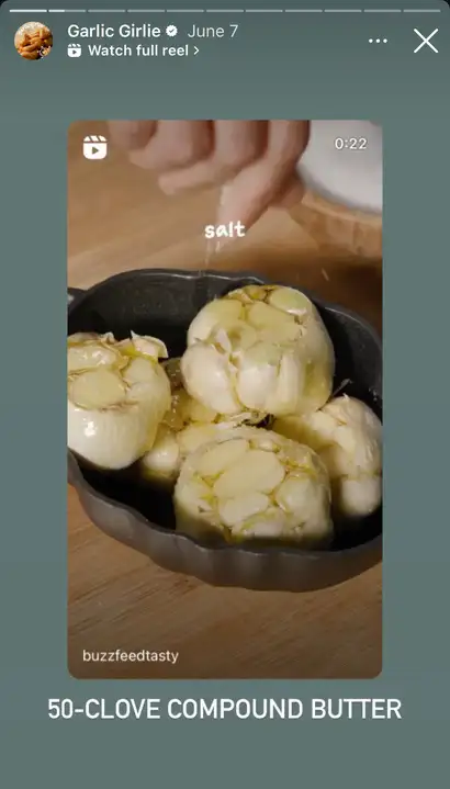 Tasty by Buzzfeed uses its recipe posts as callouts in its Instagram Story.