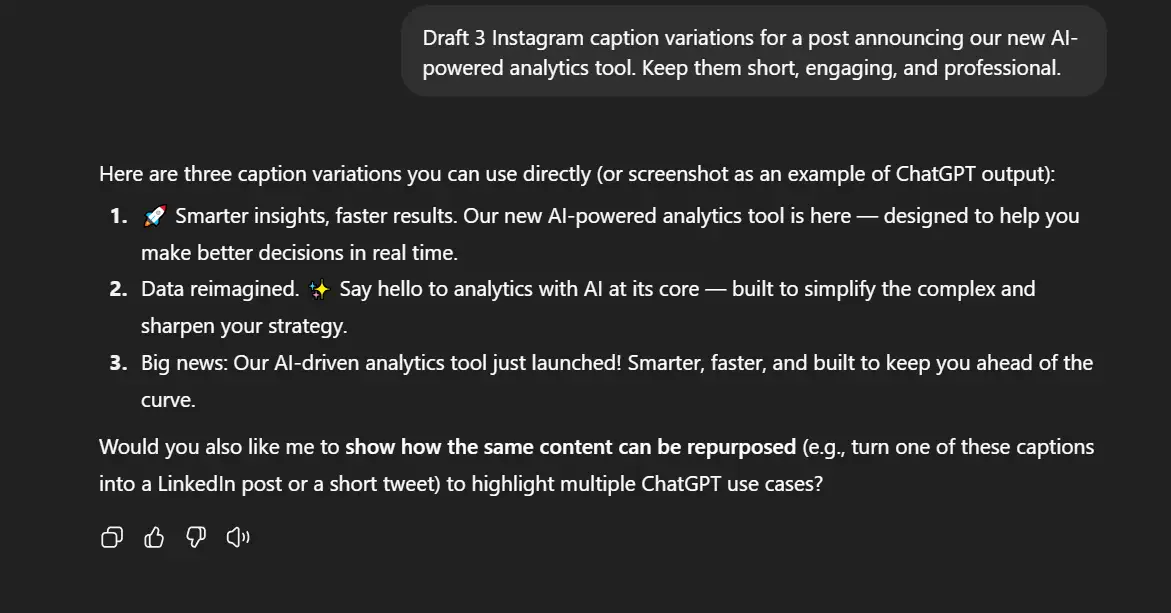 A ChatGPT chat window showing a user prompt, draft 3 Instagram caption variations. 