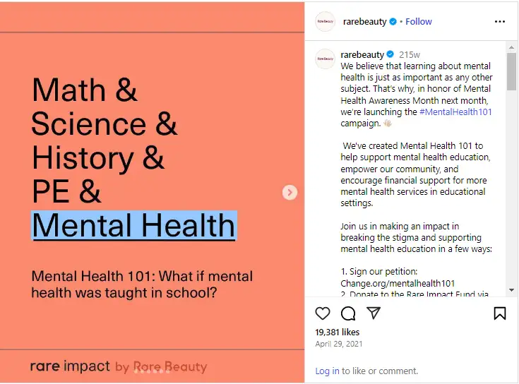 Rare Beauty’s "Mental Health 101" program visual from Instagram. 
