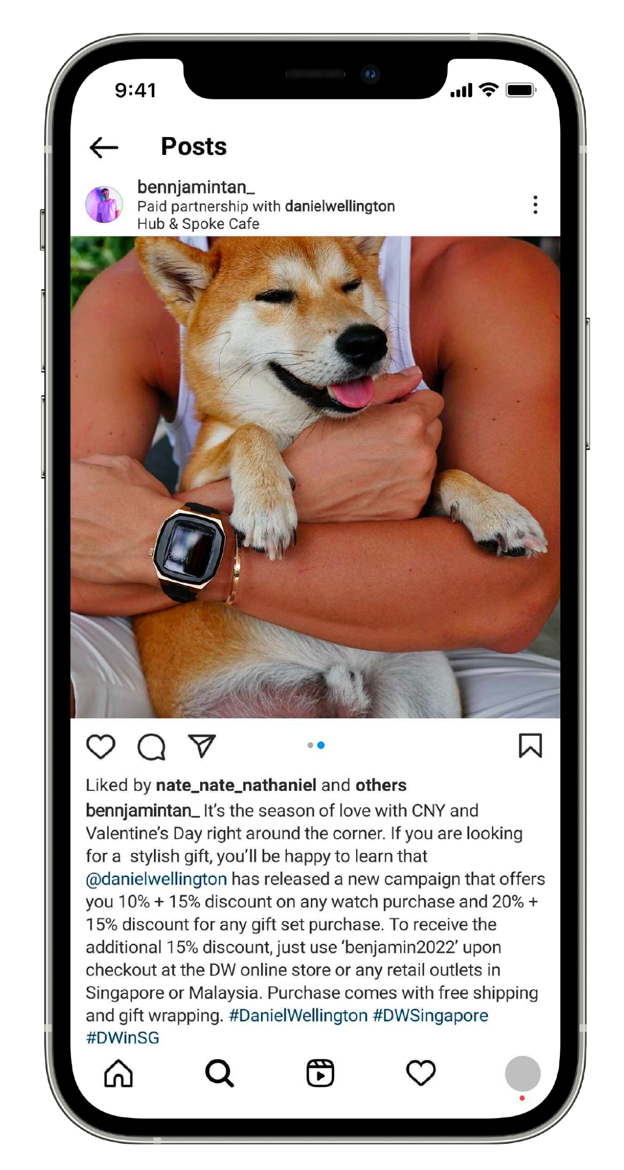 A screenshot of an Instagram post of Bennjamin Tan-s paid partnership with Daniel Wellington. Bennjamin used branded hashtags -DanielWellington, -DWSingapore, -DWinSG.