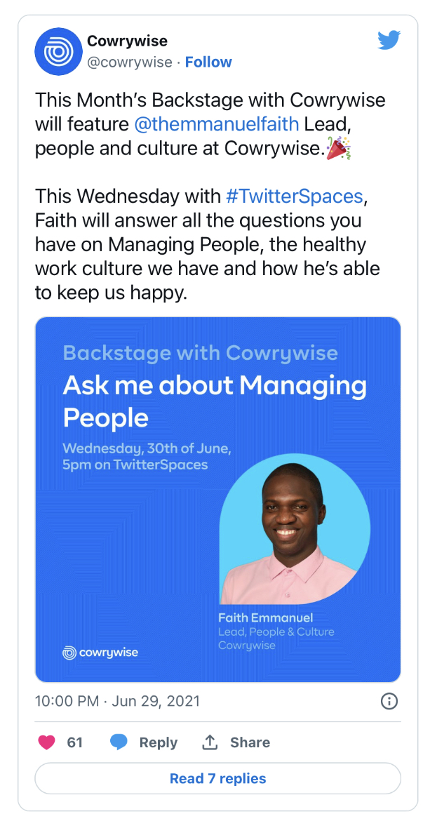 Tweet by Cowrywise announcing their upcoming Twitter Spaces event.