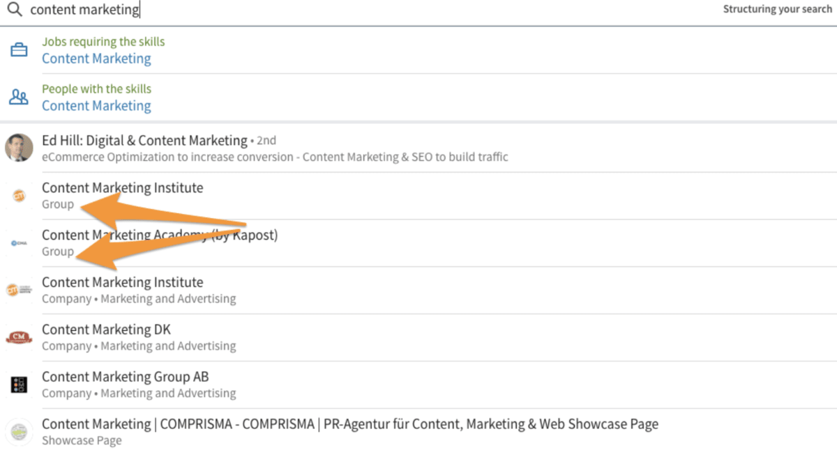 Example of LinkedIn Groups based on the topic content marketing
