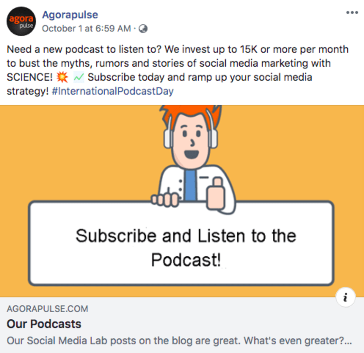 Agorapulse promoting its podcast on Facebook