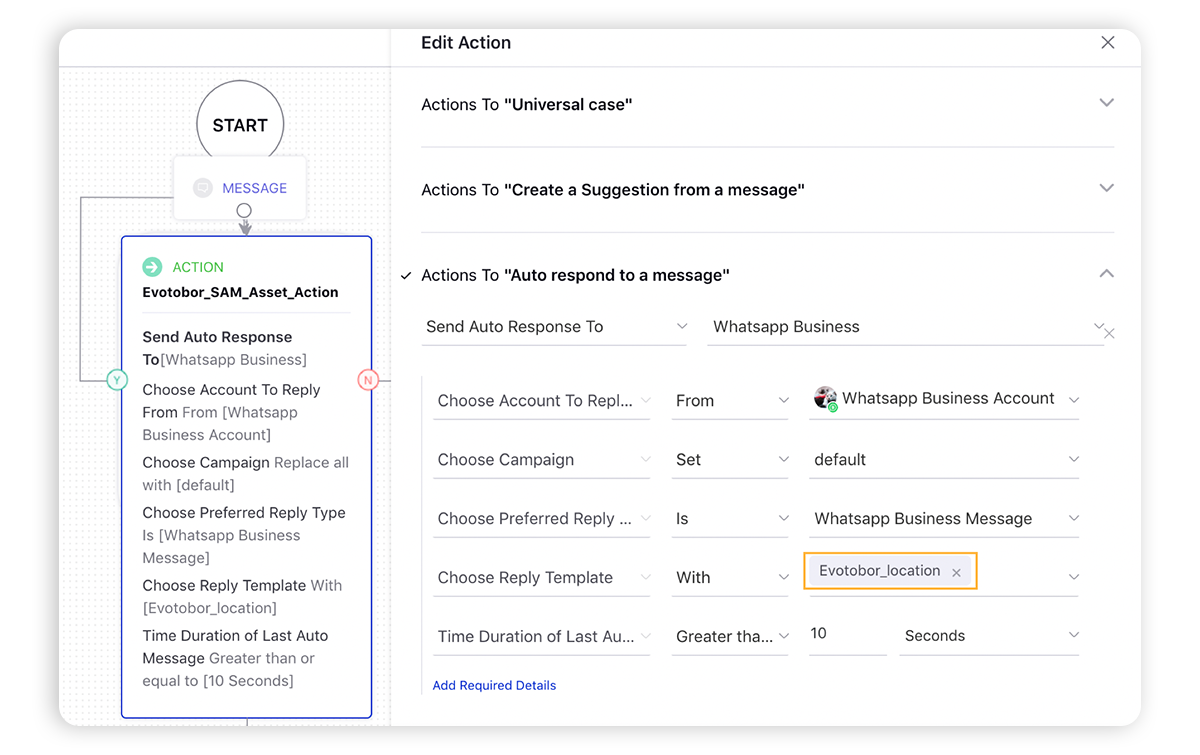 An image that shows the setting up of automated responses conditions for your WhatsApp Business account from Sprinklr Service