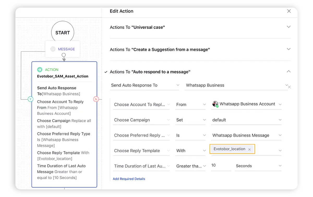 An image that shows the setting up of automated responses conditions for your WhatsApp Business account from Sprinklr Service