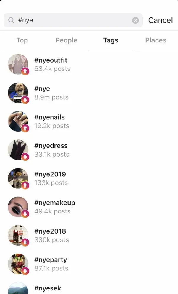 A list of suggested hashtags showing up while searching for 'nye' in the tags section of Instagram.