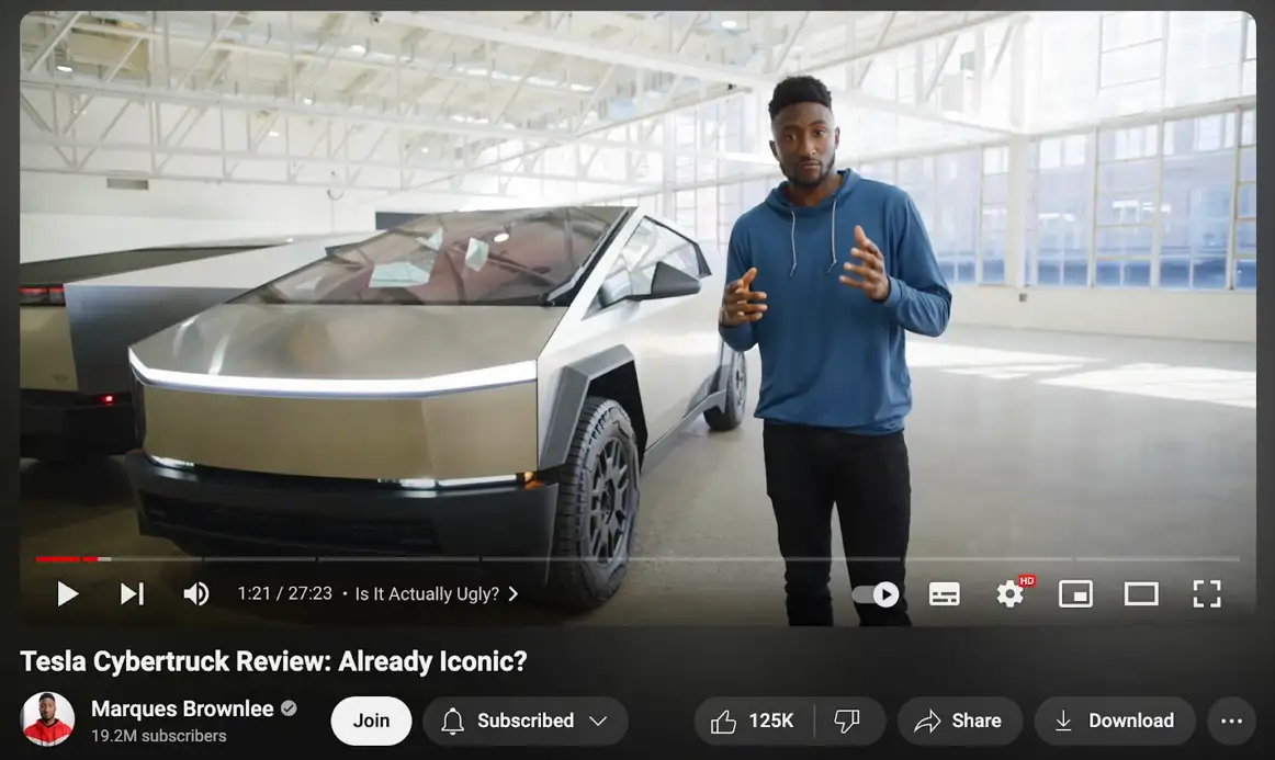 YouTuber MKBHD reviewing Tesla Cybertruck.