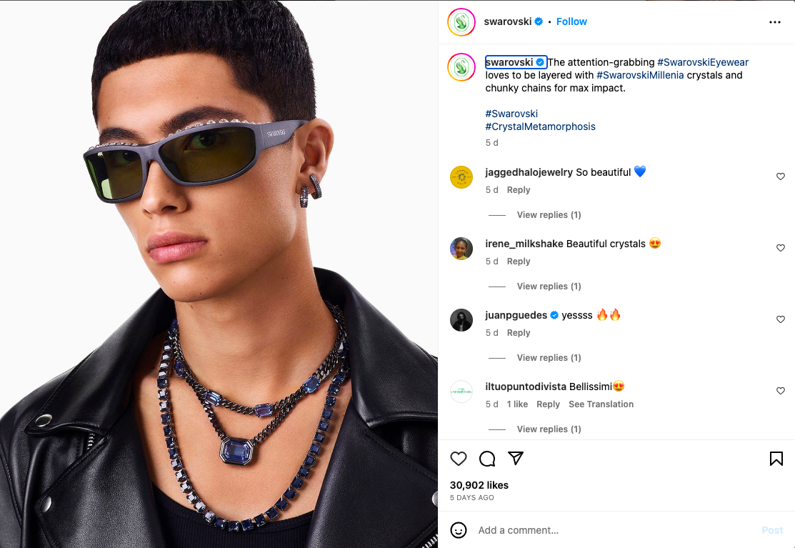 An Instagram post from Swarovski showcasing user comments and appreciation of a product