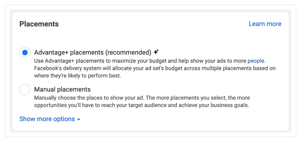 An image from Facebook Ads Manager showing 2 radio options, Advantage + placements (recommended) and Manual Placements.