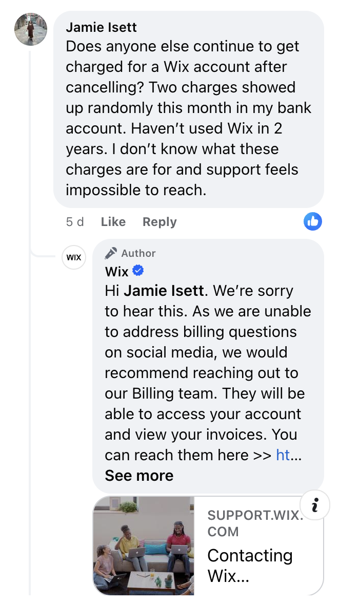 A customer's conversation with Wix regarding a billing-related enquiry on Facebook