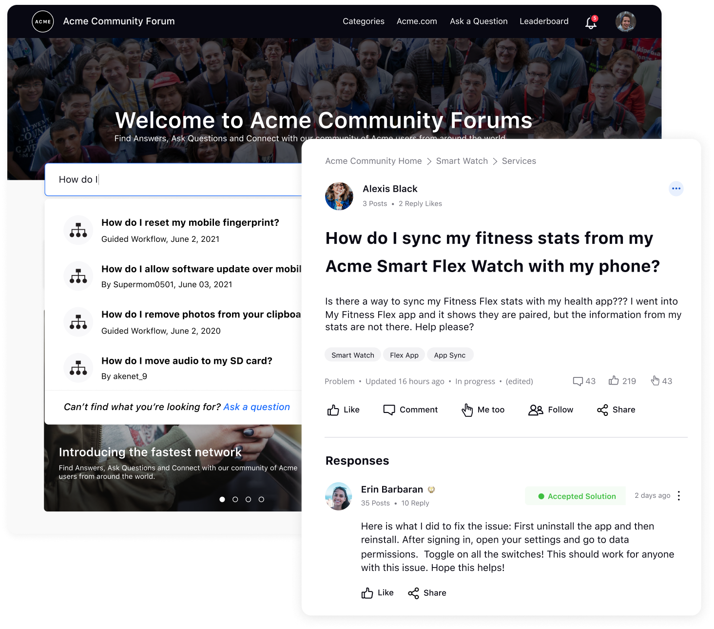 Screenshot of Acme Community Forums for customers to post and find common questions amongst the community forums
