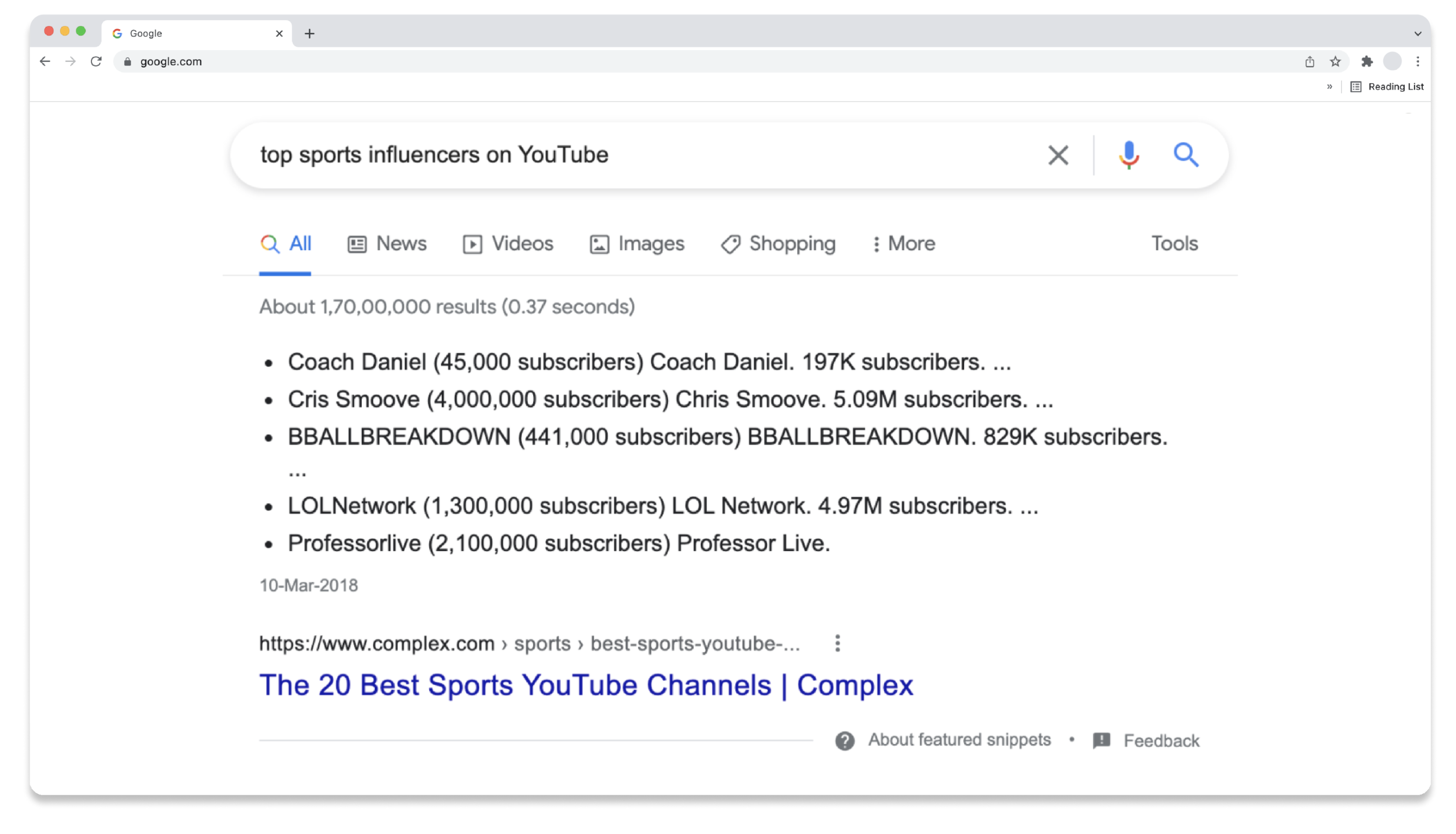 A screenshot of a Google search engine results page showing the results for -top sports influencers on YouTube-.