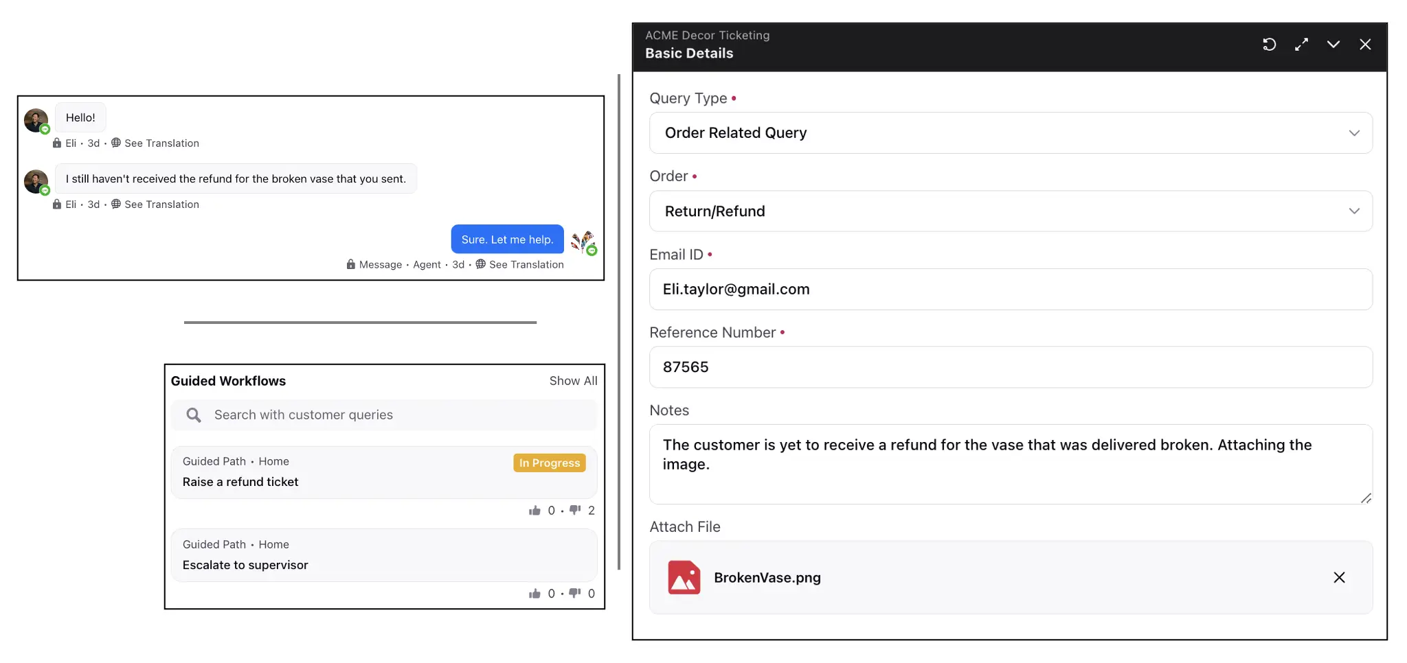 An image of a sample guided workflow for an order-related query