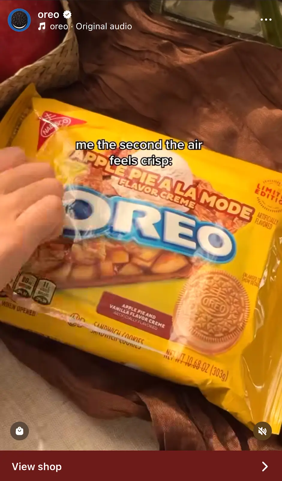 Screenshot of an Oreo Instagram video using playful, entertaining content to join a trending conversation and engage followers.