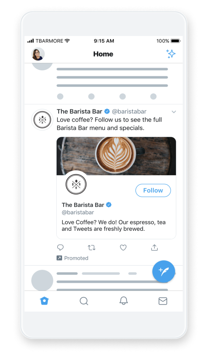 A mobile screenshot showing a Twitter Follower Ad by the brand The Barista Bar.