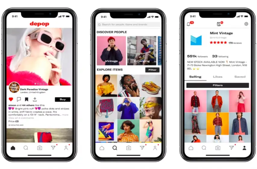 Depop homepage showcasing a vibrant, user-generated marketplace for vintage, streetwear, and sustainable fashion, popular among Gen Z shoppers.