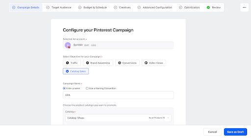 A screenshot of a Pinterest campaign configuration dashboard where the user has to select the ad account, objective, name and catalog of the campaign.
