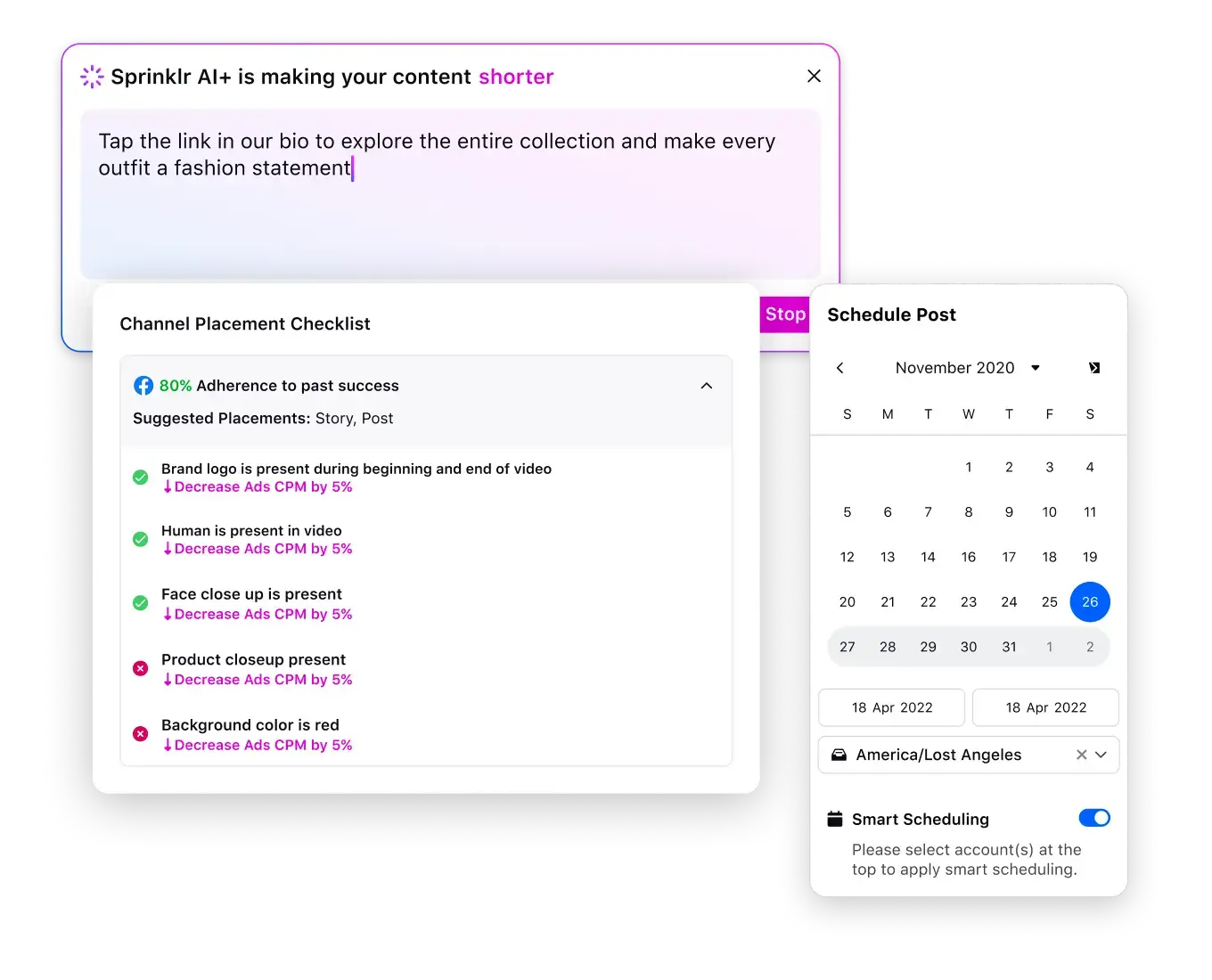 Sprinklr Smart Scheduling platform that allows scheduling posts at optimal times and identifying sentiment 