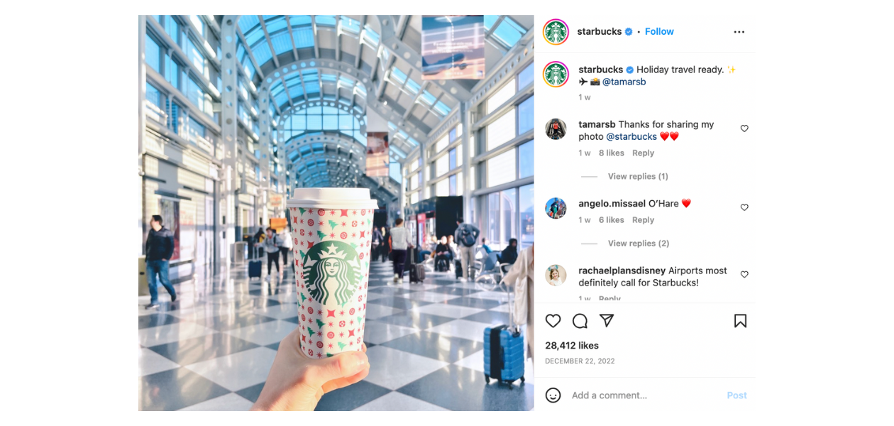 Starbucks showcasing user-generated content of its brand on Instagram