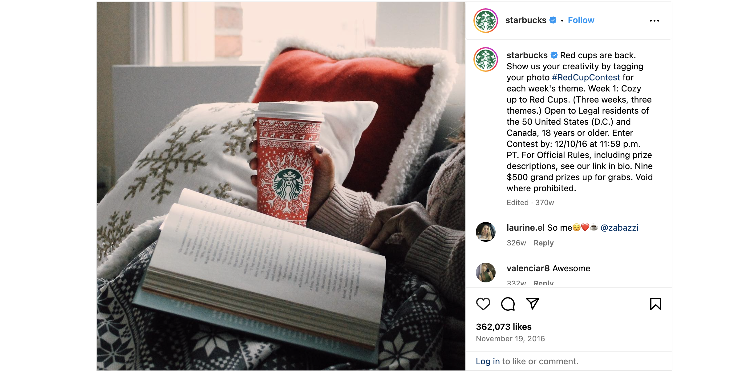 A creatively decorated Starbucks red cup, part of the -RedCupContest, shared on social media platforms like Instagram or X