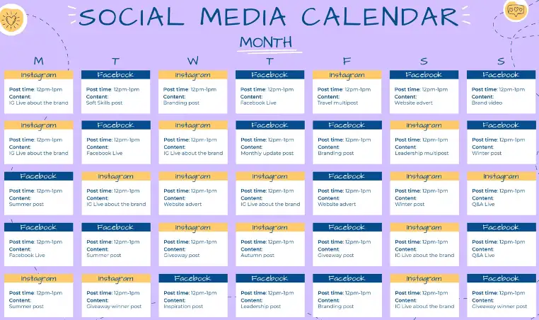 Example of a social media content calendar