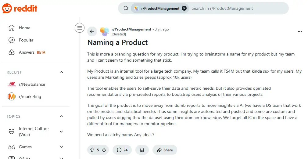 Screenshot of a Reddit thread asking suggestions for product names