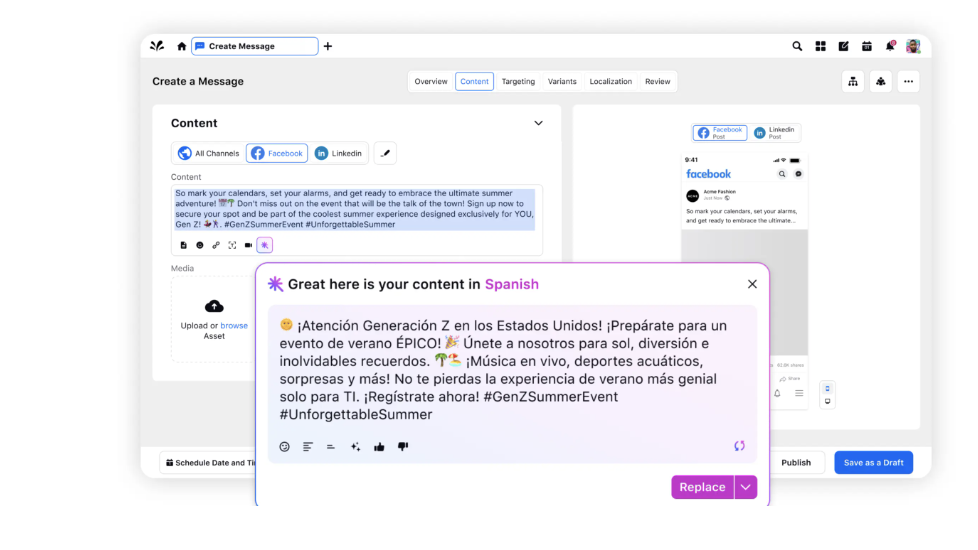 Social media content generation in Spanish and other languages is facilitated through the Sprinklr Social Dashboard