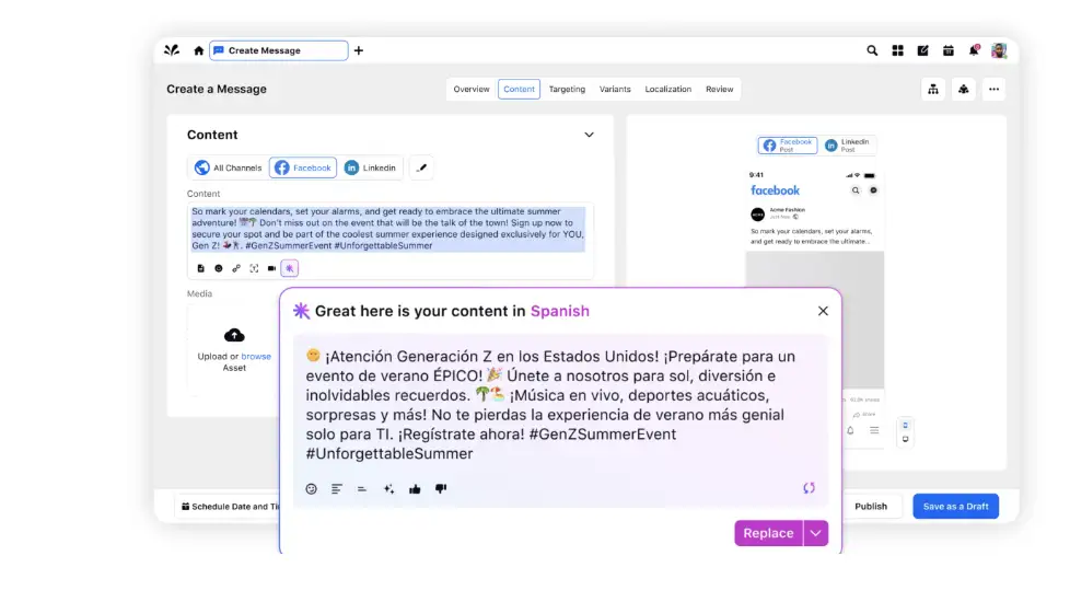 Social media content generation in Spanish and other languages is facilitated through the Sprinklr Social Dashboard