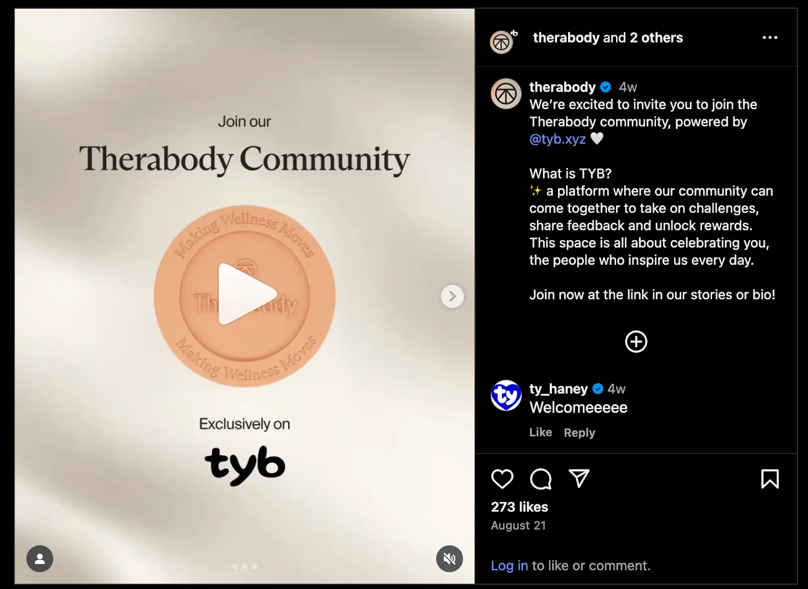 The announcement of Therabody’s TYB community on Instagram 