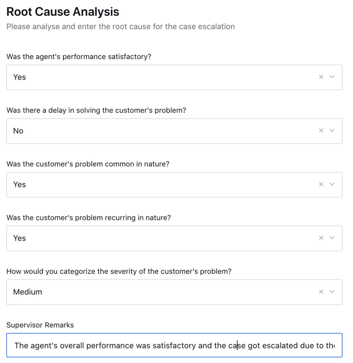 Sprinklr's Root Cause Analysis (RCA) report collecting details regarding an escalation