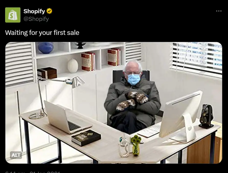 A Shopify meme showcasing a prominent political figure who's bored and waiting, with the caption reading 'waiting for your first sale'