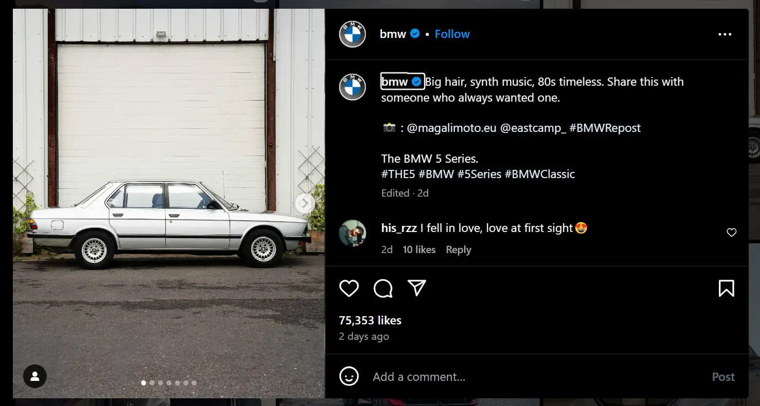 BMW reposts its user’s content with the hashtag #BMWRepost on Instagram.