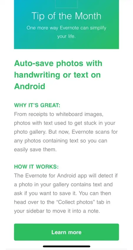 Evernote's email notification about features and corresponding knowledge base