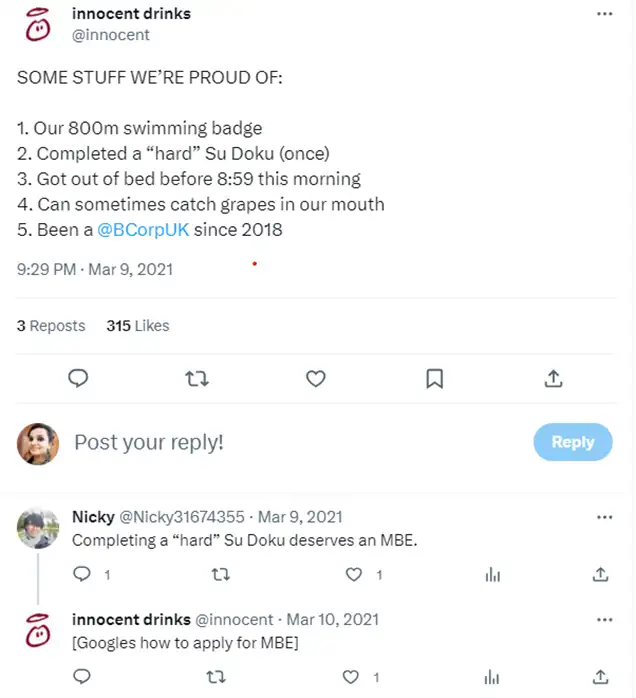 Innocent Drinks humorous and responsive community management