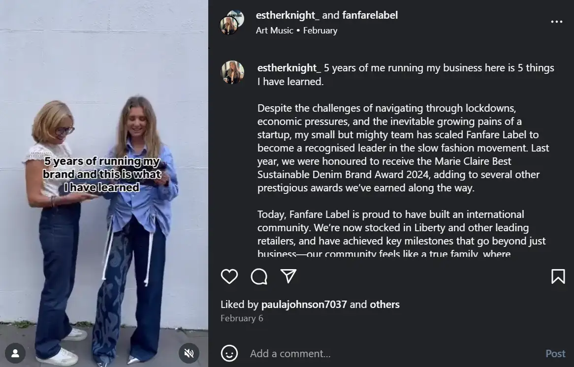 Tradlands’ Instagram post showing a video from the founder about lessons learned in 5 years of running their business 