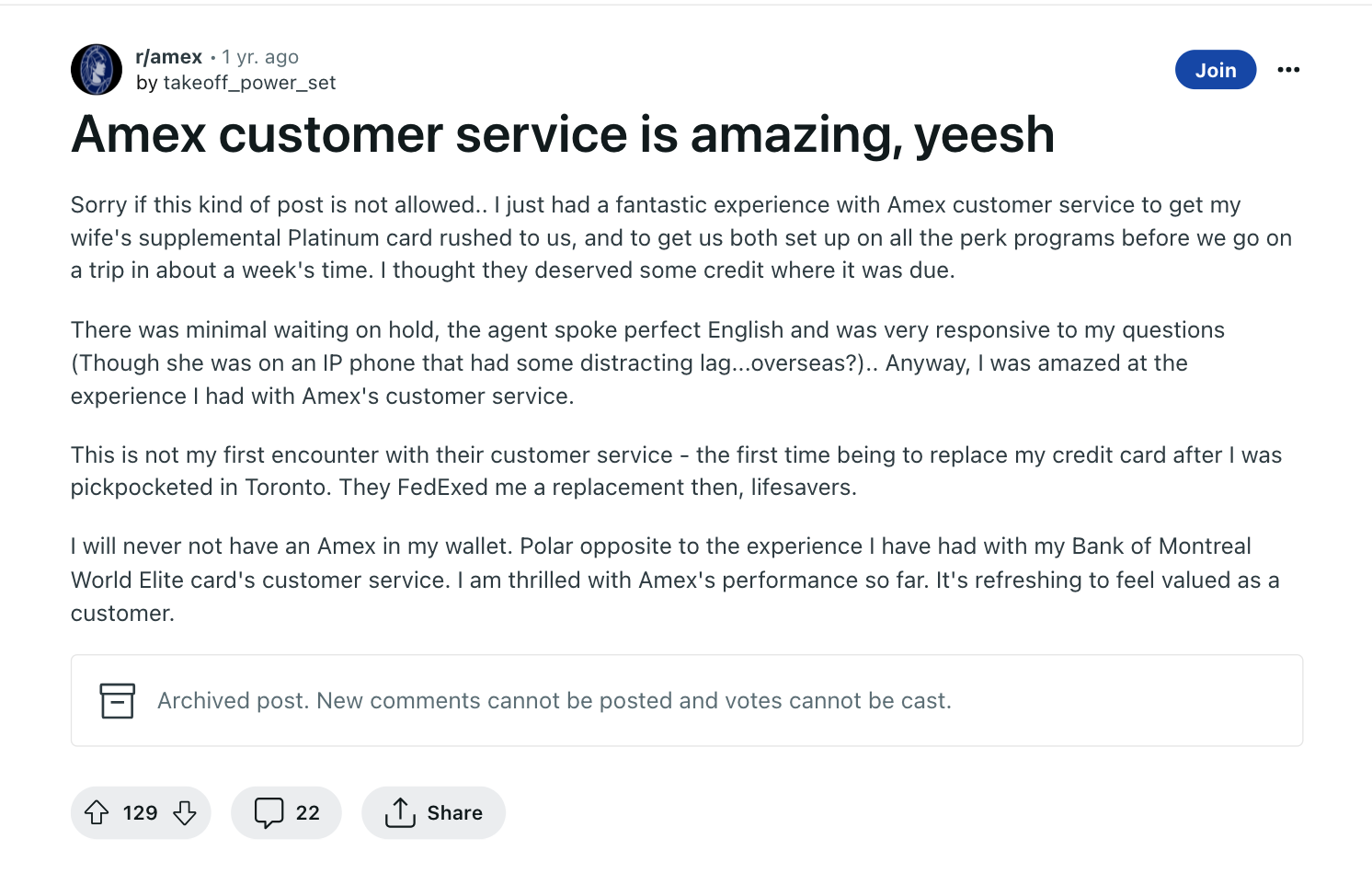 Reddit post praising Amex's empathetic customer service