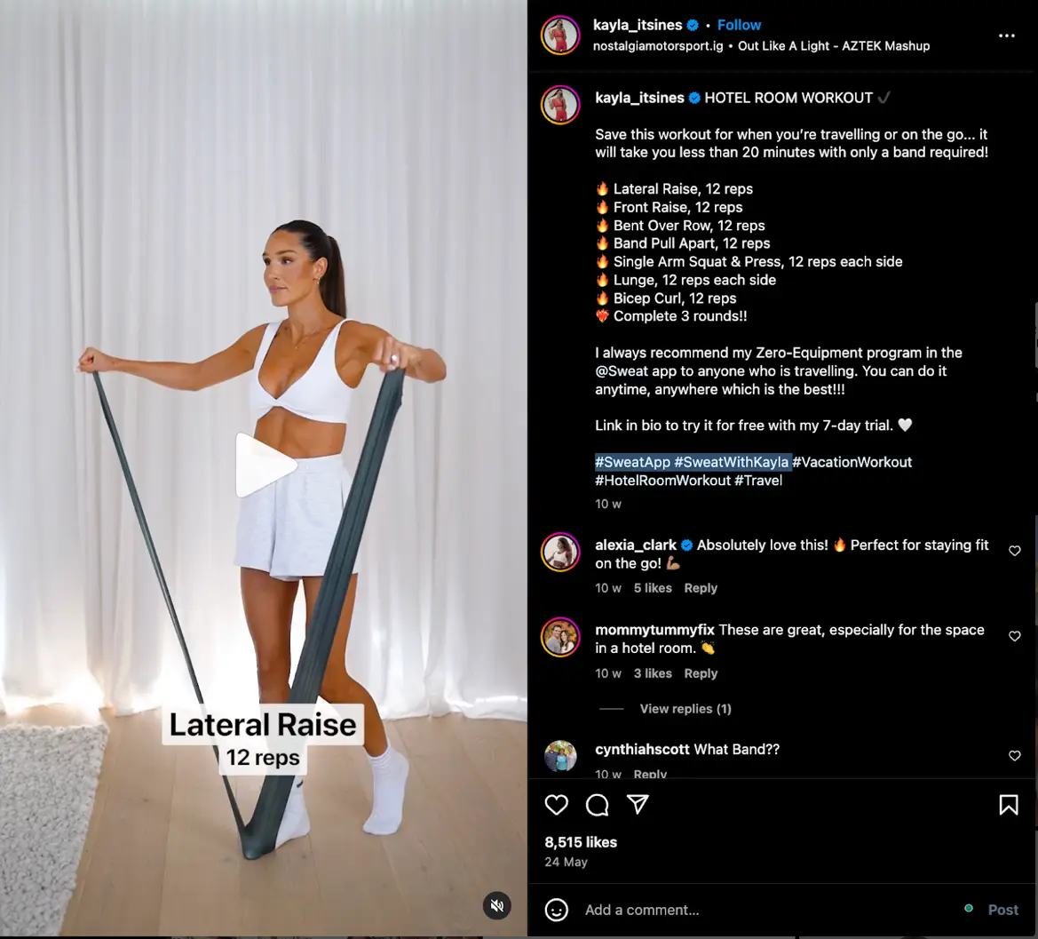 Fitness influencer Kayla Itsines uses a mix of trending, niche and branded hashtags on Instagram. 
