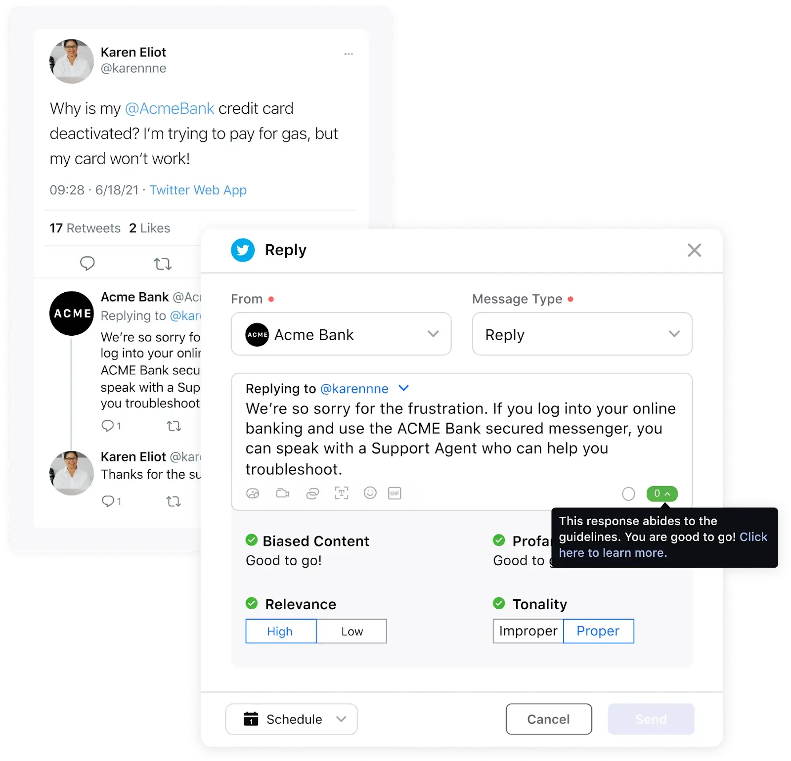 Sprinklr Social Media Automation interface illustrating automated post scheduling, suggested optimal times and conflict alerts. 