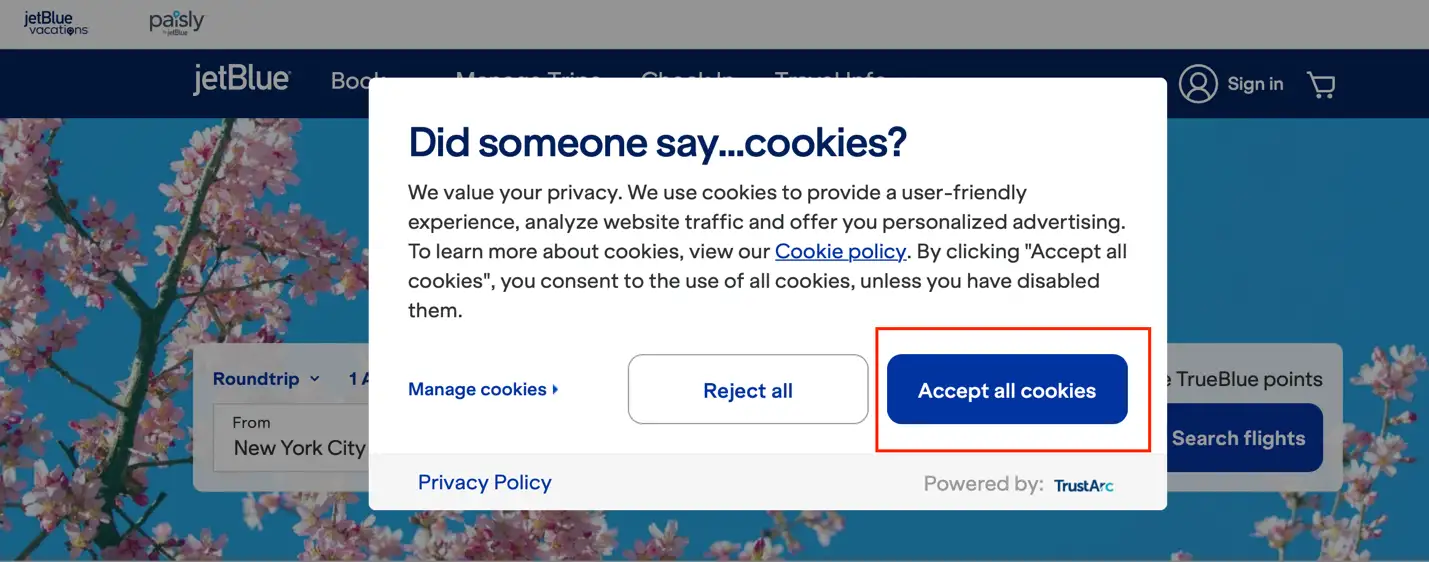 JetBlue asking for customer consent to track browsing behavior while clearly citing its cookie policy
