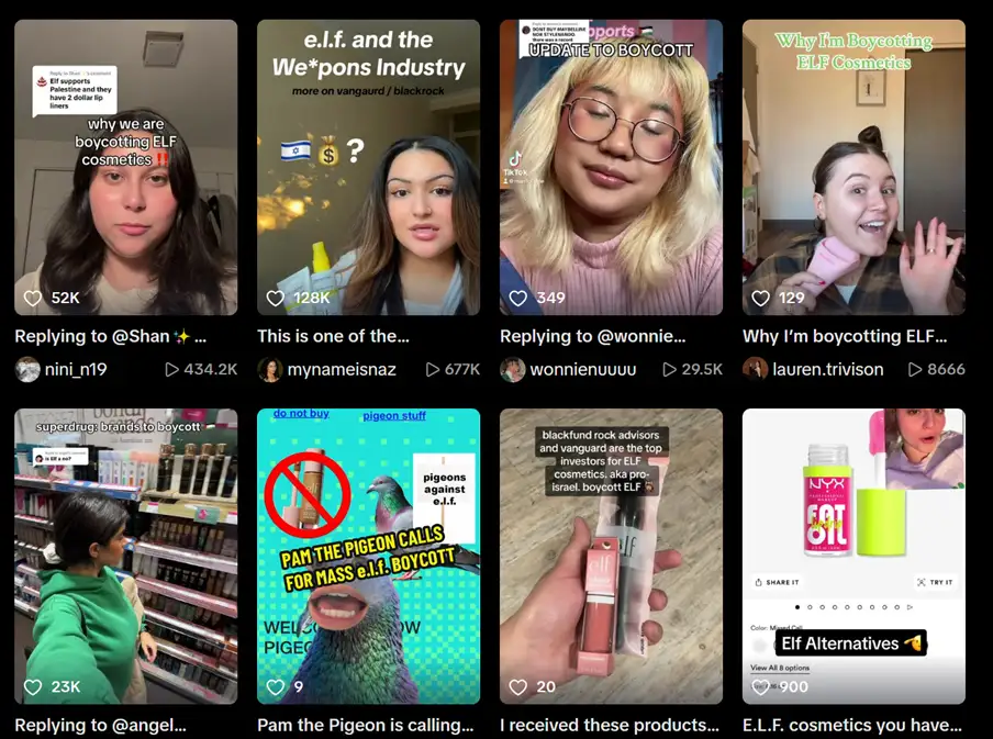 Screenshot of e.l.f.’s facing backslash on TikTok for their product ingredients and their safety policy. 