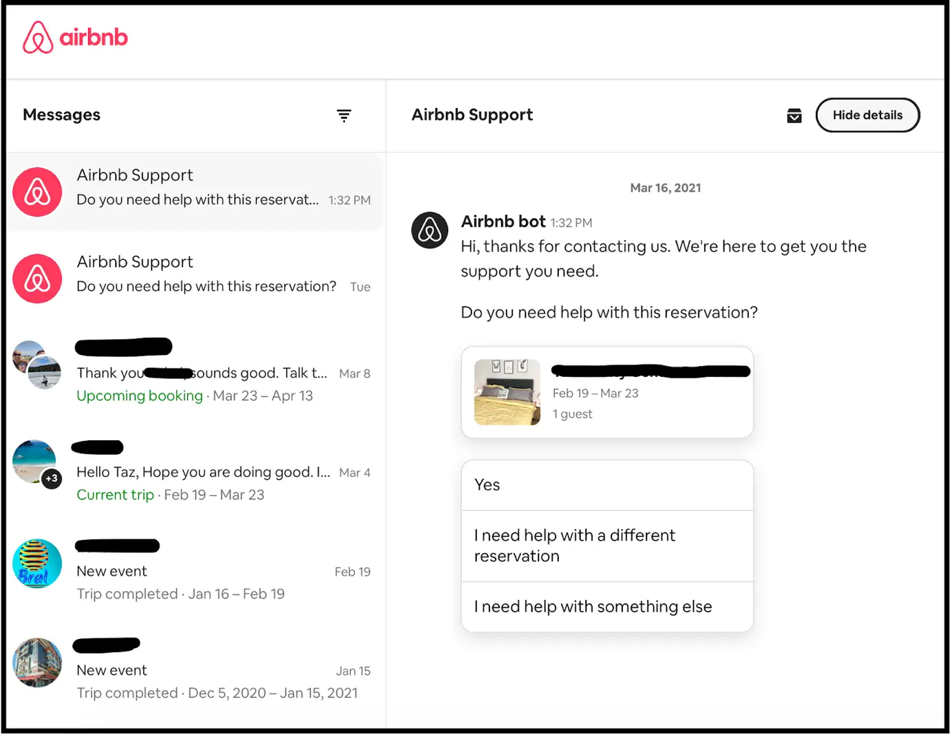 Airbnb offering support to a customer regarding a reservation they made