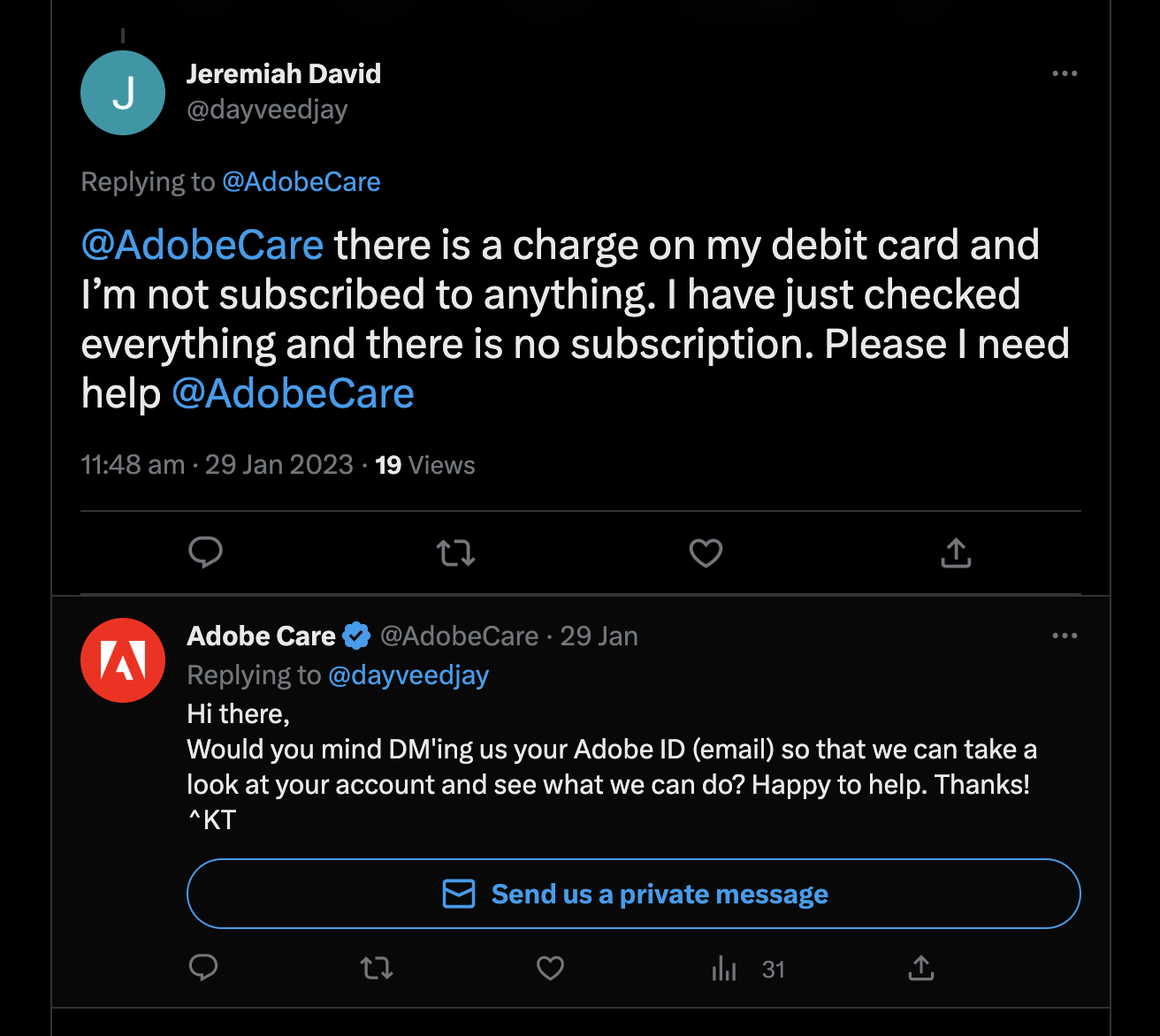 An image showing Adobe's Twitter handle quickly responding to a user's tweet seeking help
