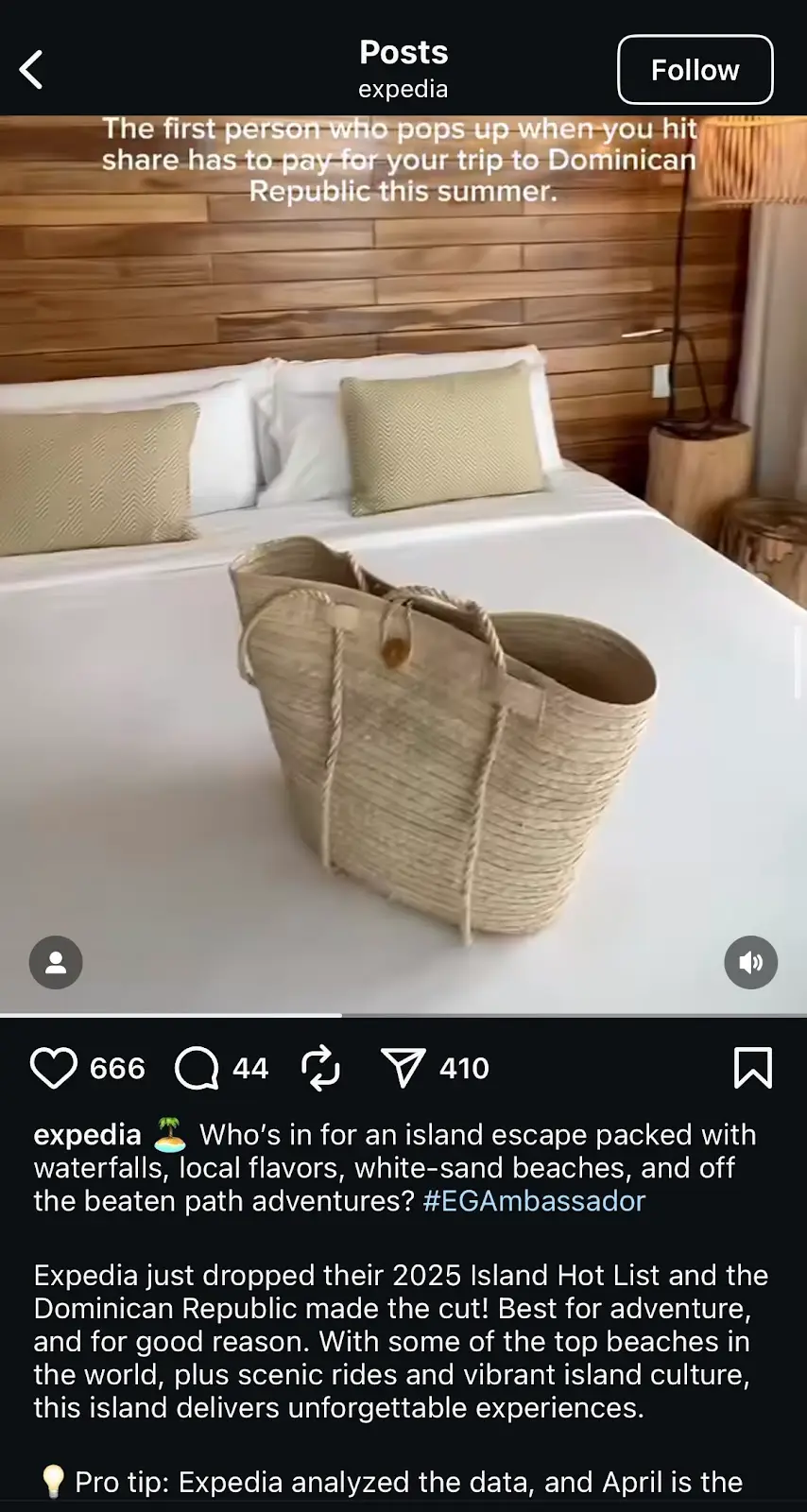 Screenshot of an Instagram post from Expedia’s official handle showcasing the usage of hashtags.