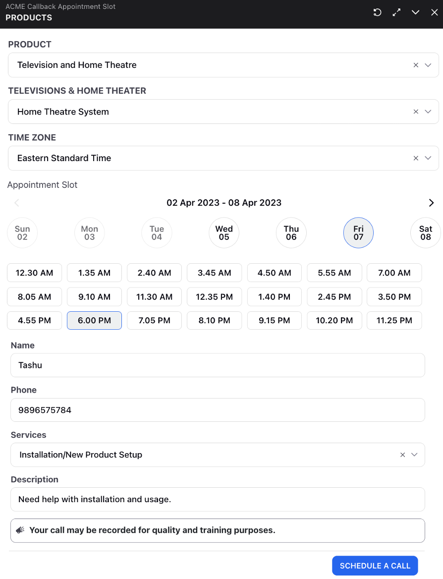 A product screenshot showing an appointment booking page.